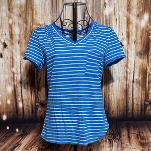 Casual Blue Striped V-Neck Tee
